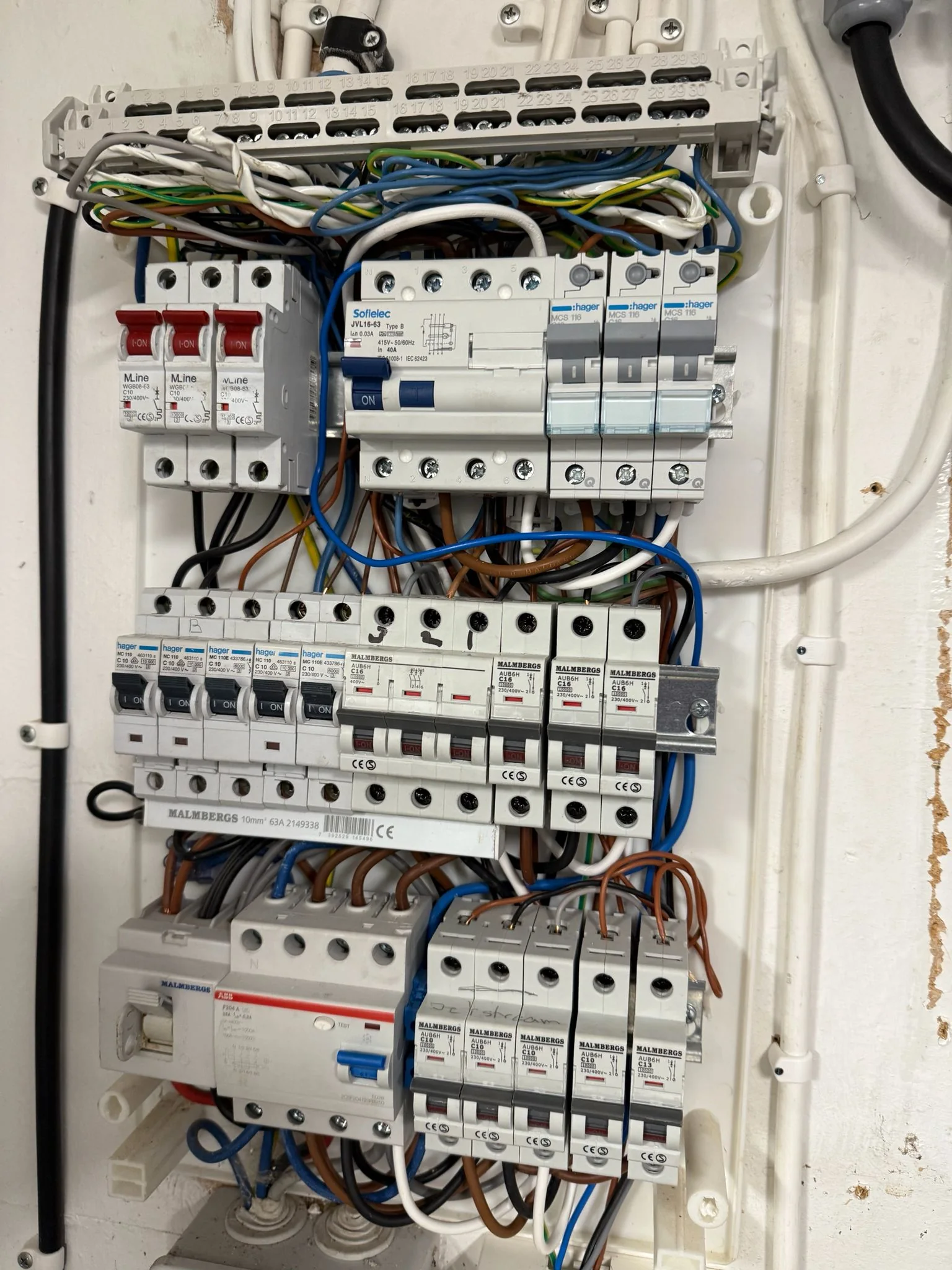 Nyinstallerad elcentral med automatsäkringar