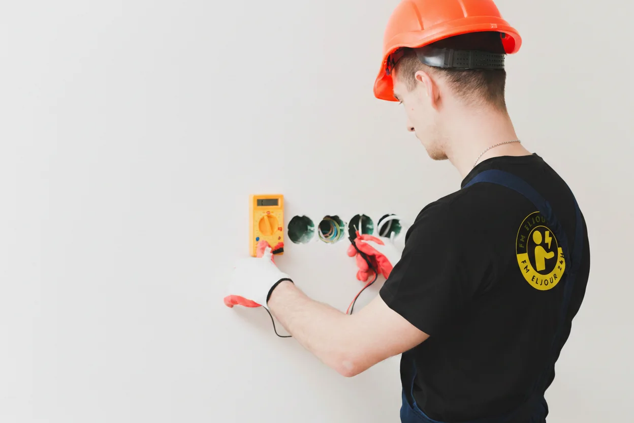 Elektriker mäter spänningen i ett nytt eluttag